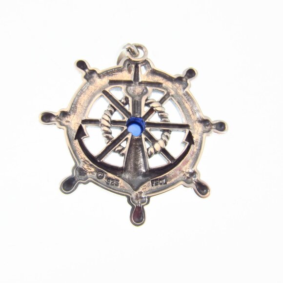 Solid 925 Sterling Silver Ship's Wheel Helm Pendant w/ Sapphire Nautical Jewelry - Picture 8 of 9
